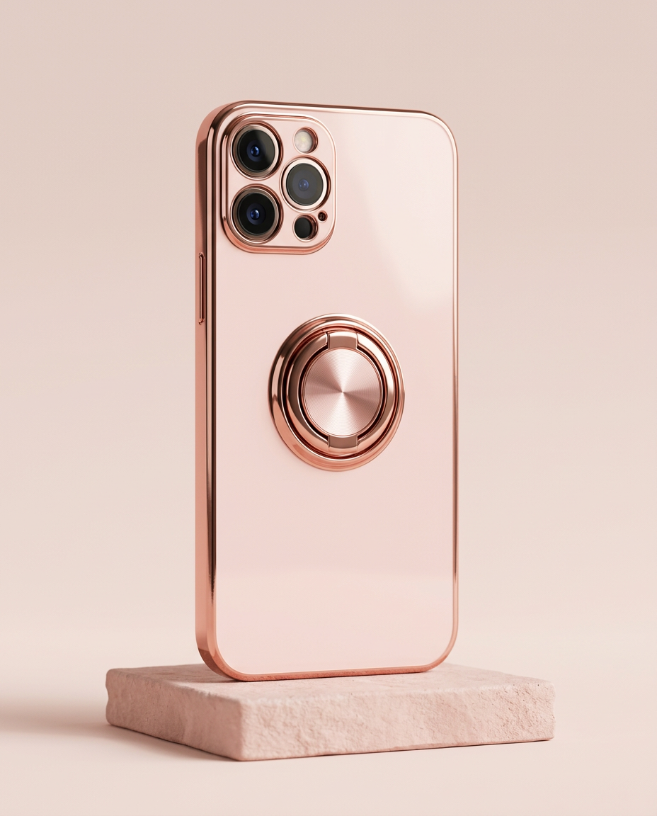 Pink electroplated iPhone case with rose-gold ring holder on a blush plinth