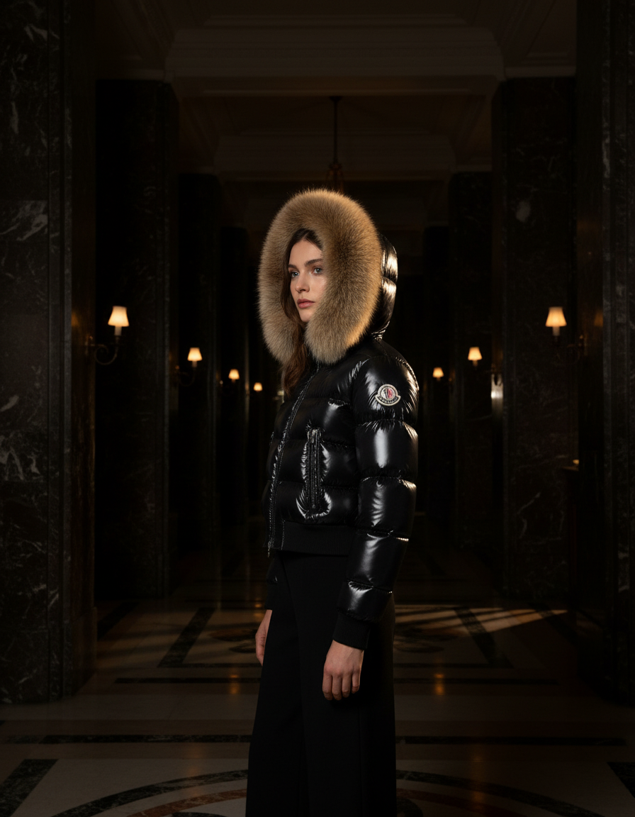 Model trägt die glänzende schwarze Pufferjacke mit Fellkapuze in einer dunklen Marmorlobby