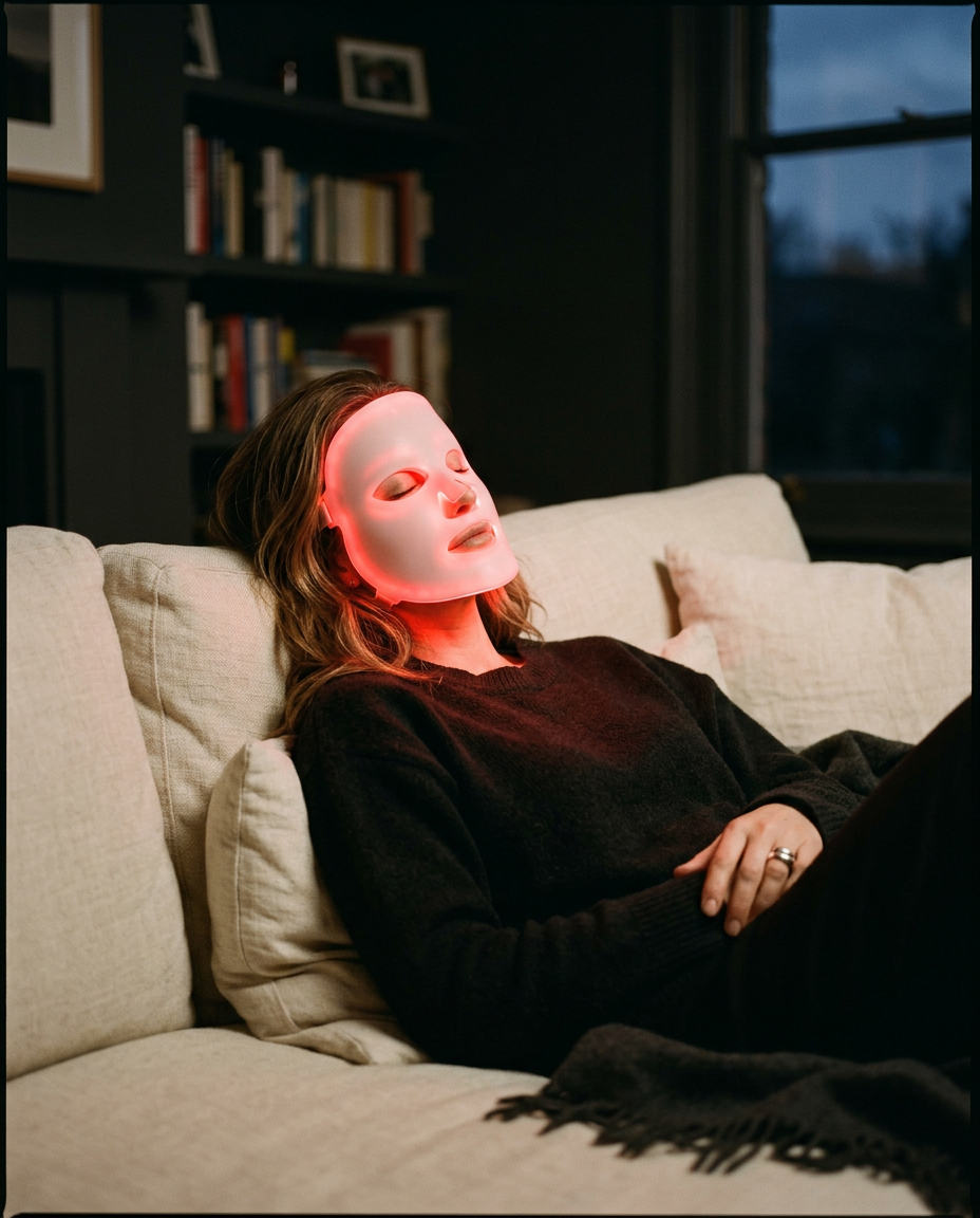 Woman relaxing on a sofa wearing a glowing red LED light therapy face mask