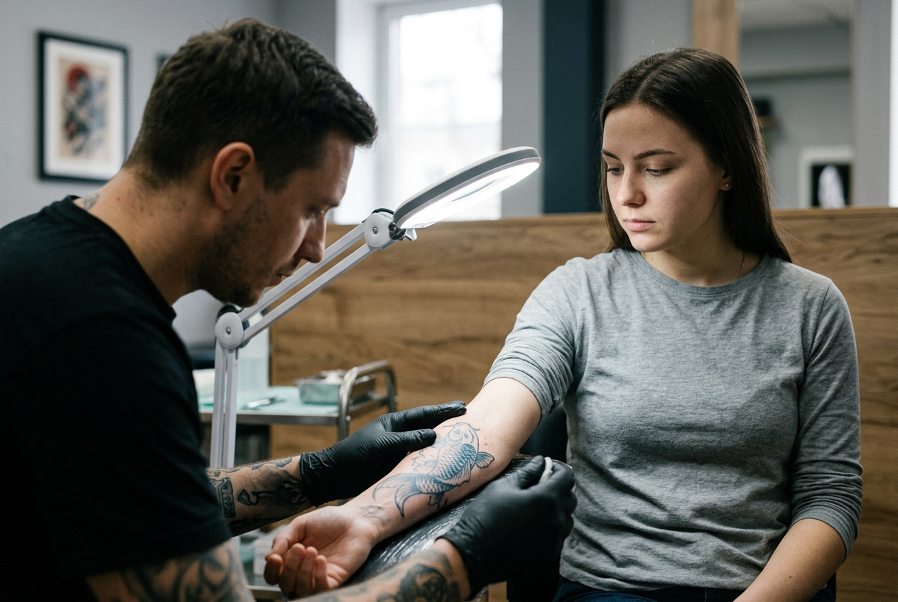 A tattoo artist examining softened linework on a koi fish forearm tattoo