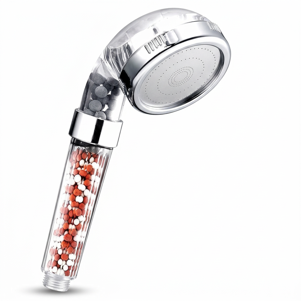 Chrome rainfall shower head with mineral filter handle on a white background