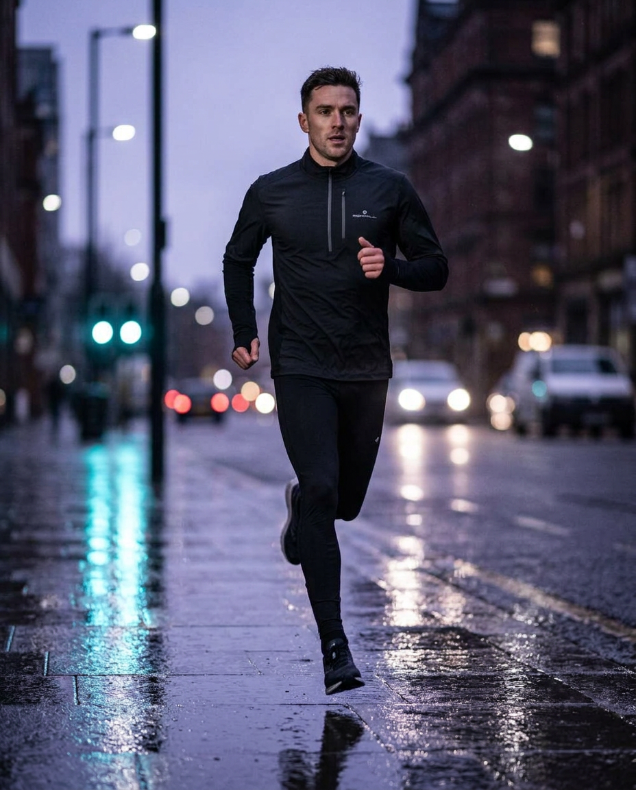 Male runner on a wet city street at dusk in an all-black Ronhill half-zip