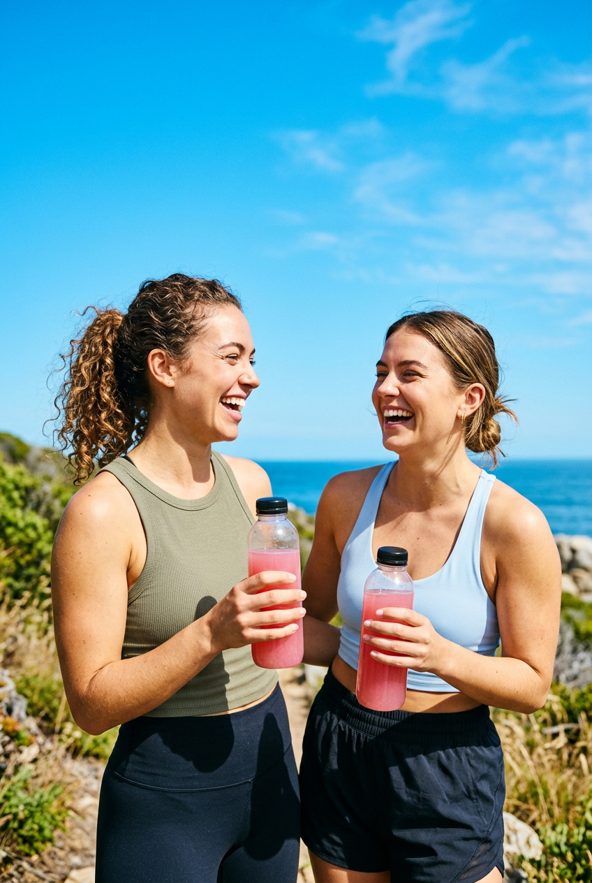 Two friends laughing outdoors with bottles of pink fiber water