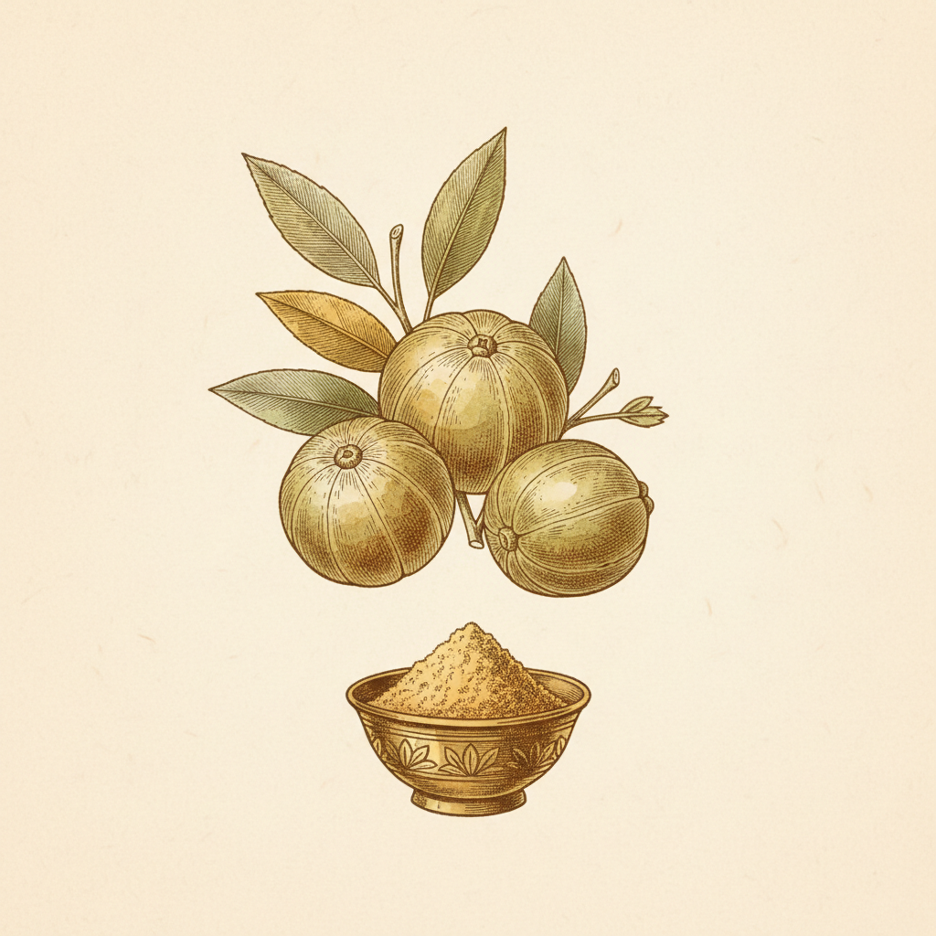 Botanical engraving of the three Triphala fruits with a bowl of powder