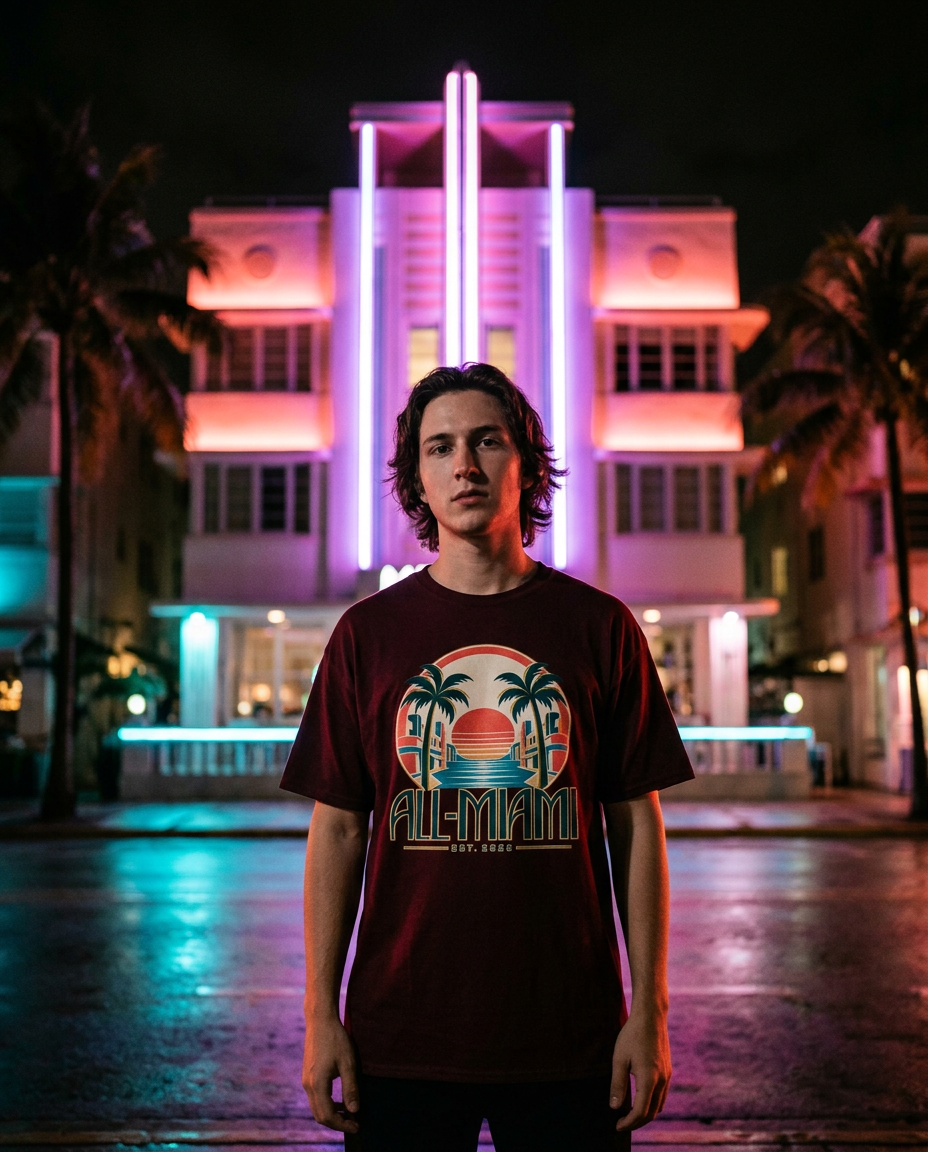 Model wearing the maroon All-Miami Debut tee on a neon-lit Miami street at night