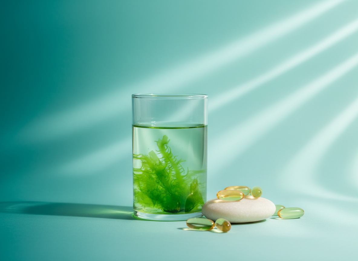 Green microalgae water and translucent golden softgel capsules on a pale stone with ocean light reflections