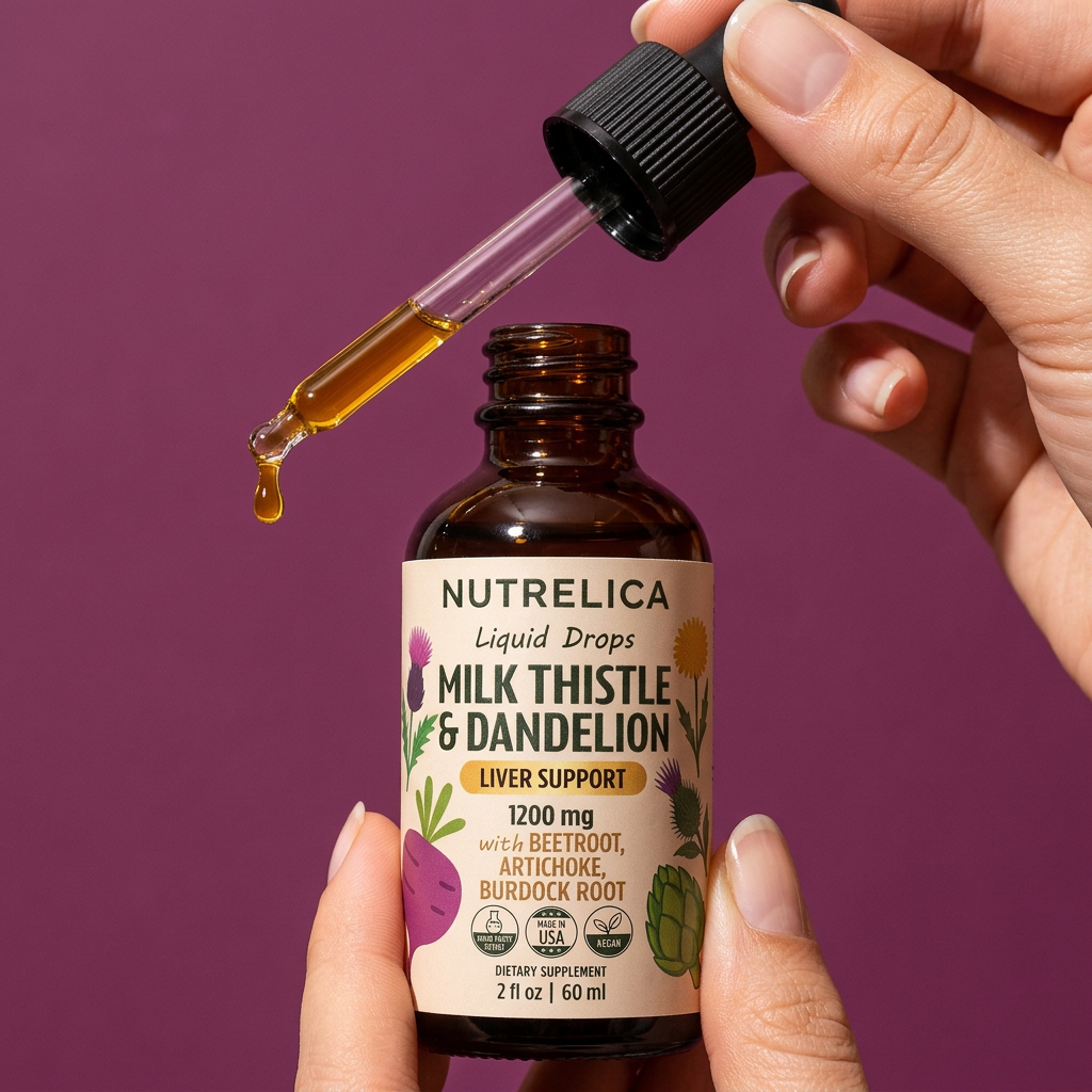 Hand holding Milk Thistle & Dandelion with Beet Root, Artichoke & Burdock with a drop on the dropper