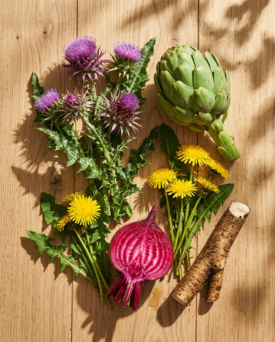 The whole botanicals inside Milk Thistle & Dandelion on a sunlit oak table