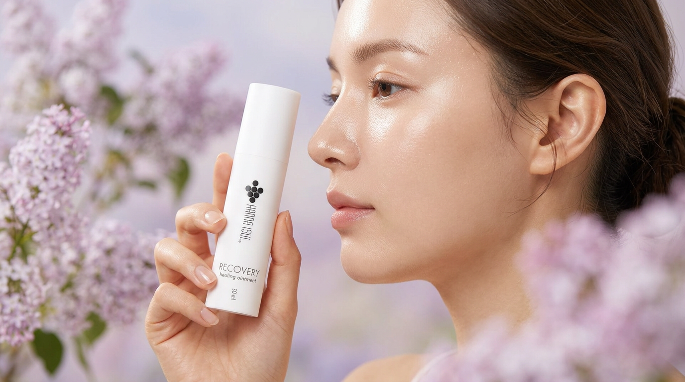 Woman holding a Hanna Isul skincare jar close to her face