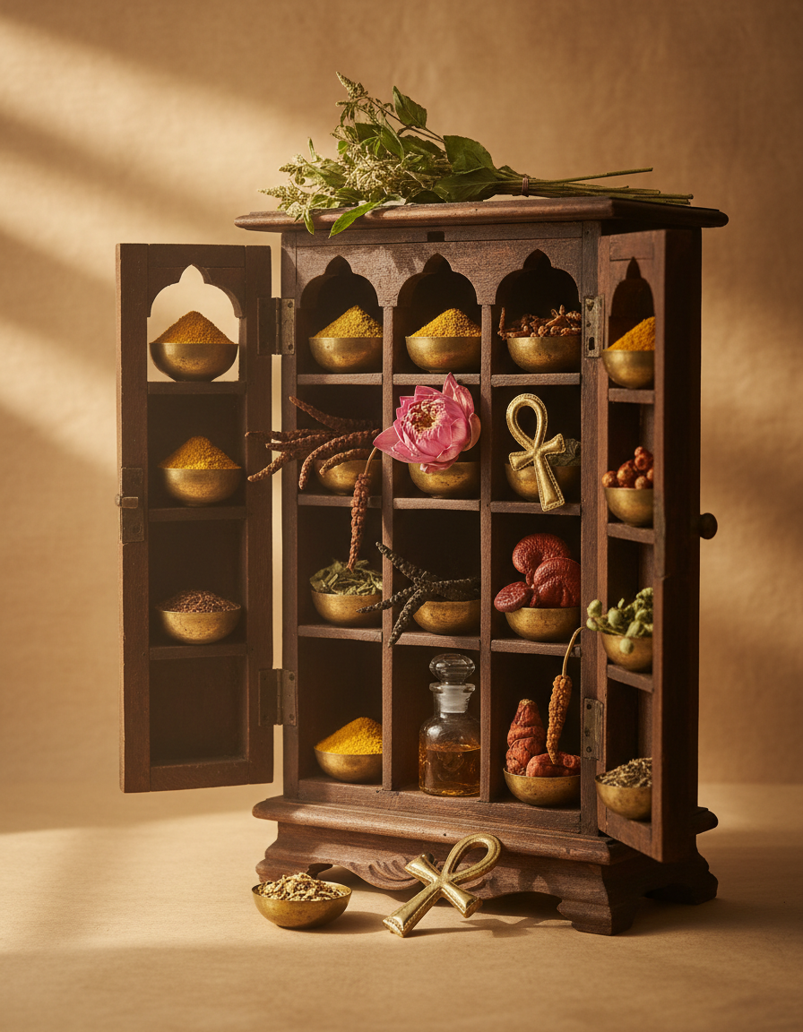 An antique apothecary cabinet with brass bowls of herbal powders, tulsi, long pepper, a lotus flower, reishi mushrooms and a bottle of golden oil