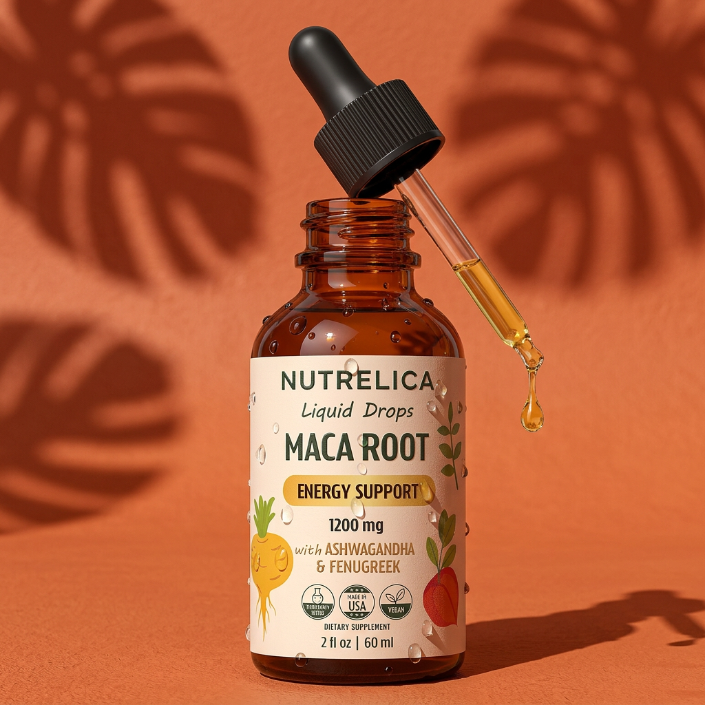 Maca Root with Ashwagandha & Fenugreek amber dropper bottle in warm sunlight