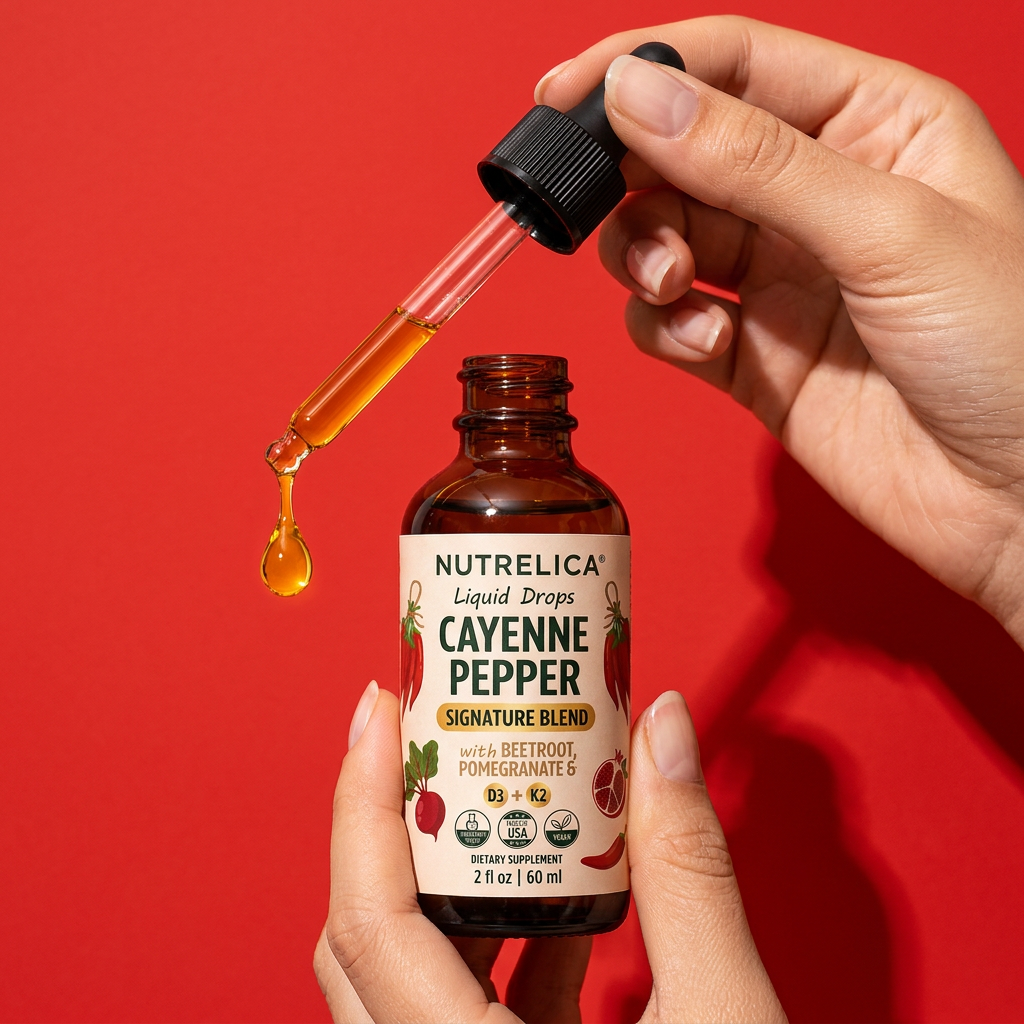 Hand holding Cayenne Pepper with Beetroot, Pomegranate, Vitamin D3 & K2 with a drop on the dropper