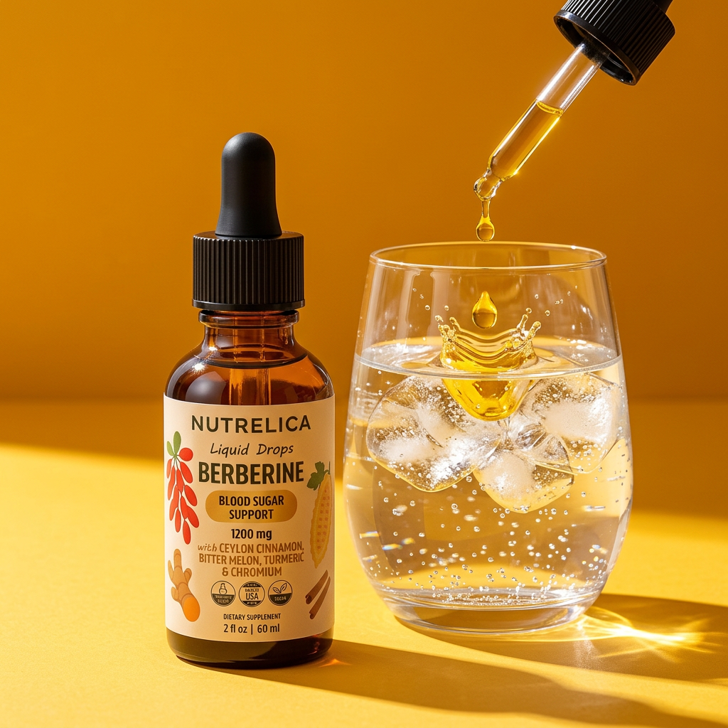 A drop of Nutrelica liquid blend splashing into a glass of sparkling water