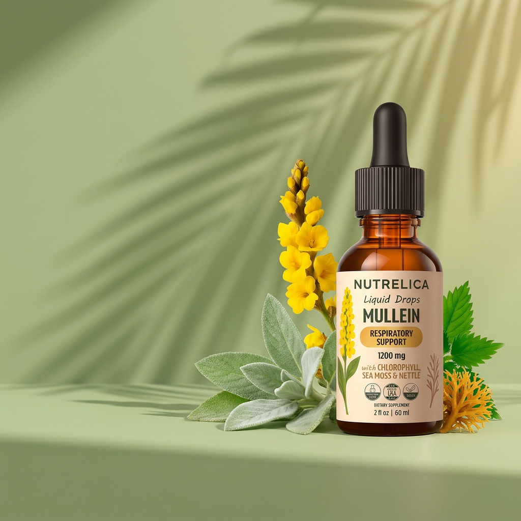 Mullein with Chlorophyll, Sea Moss & Nettle bottle on a sunlit backdrop with its botanicals