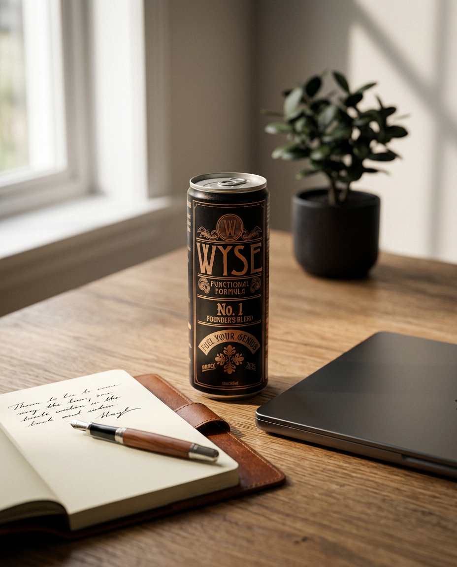 A Wyse 12 oz can on a sunlit desk next to a notebook and laptop