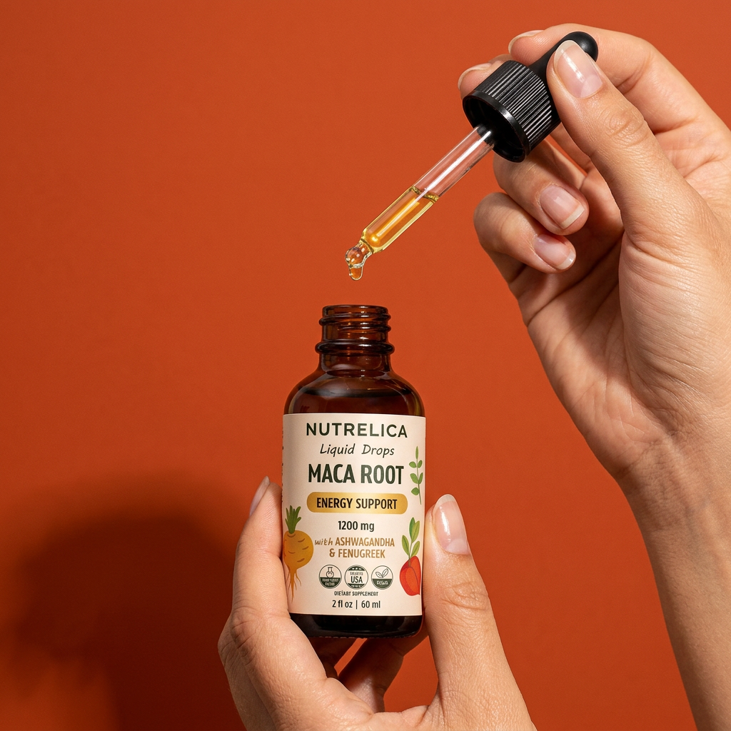 Hand holding Maca Root with Ashwagandha & Fenugreek with a drop on the dropper