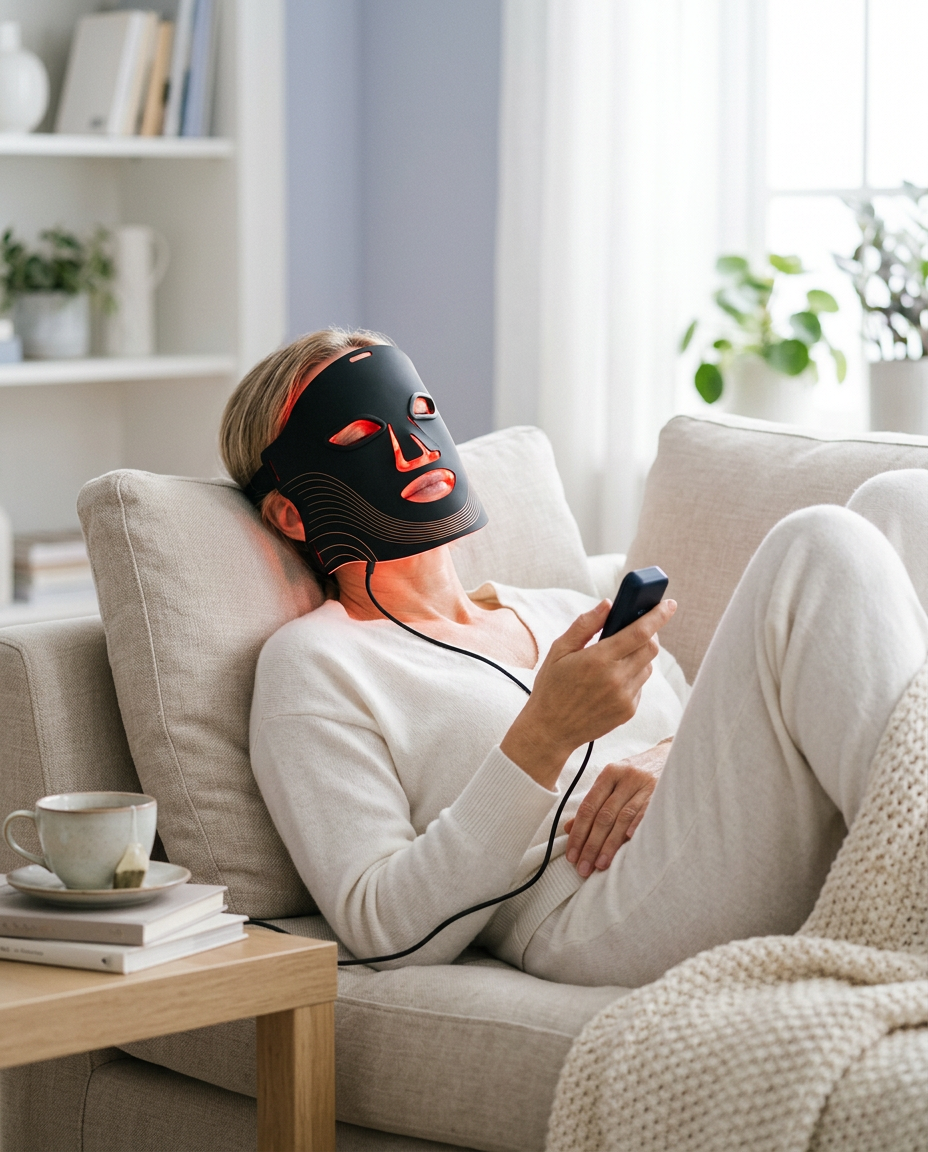 Woman relaxing on a sofa while wearing the Solenne LED face mask