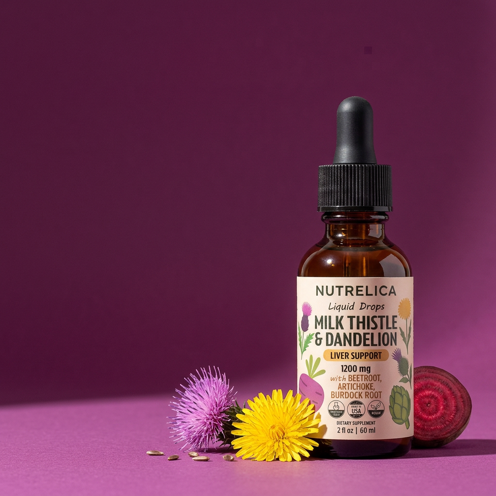 Milk Thistle & Dandelion with Beet Root, Artichoke & Burdock bottle with its botanicals — zero sugar, zero alcohol, no pills