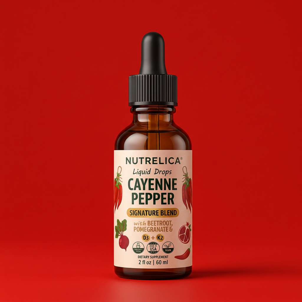 Cayenne Pepper with Beetroot, Pomegranate, Vitamin D3 & K2 bottle — vegan, zero sugar, alcohol-free and non-GMO