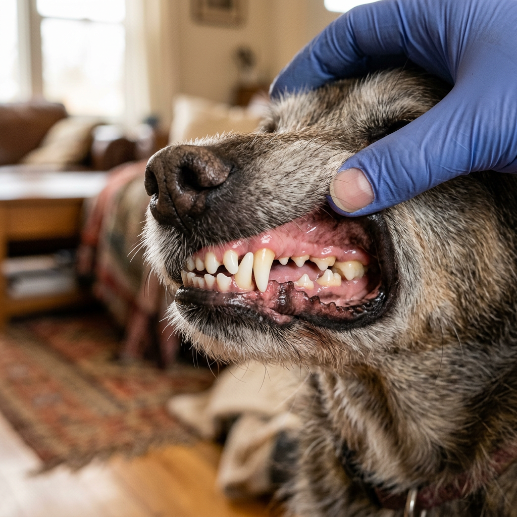 Dopo: denti più puliti di un cane senior con gengive rosa