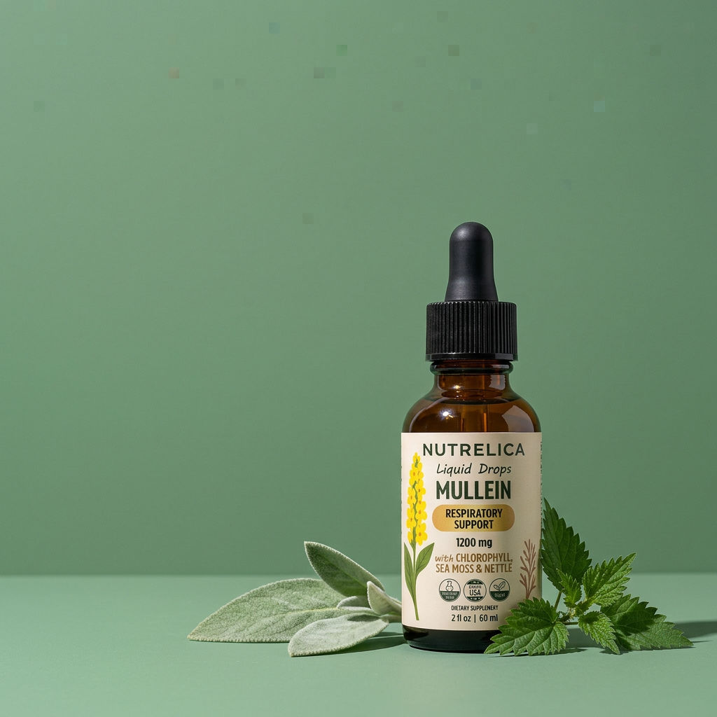 Mullein with Chlorophyll, Sea Moss & Nettle bottle with its botanicals — zero sugar, zero alcohol, no pills