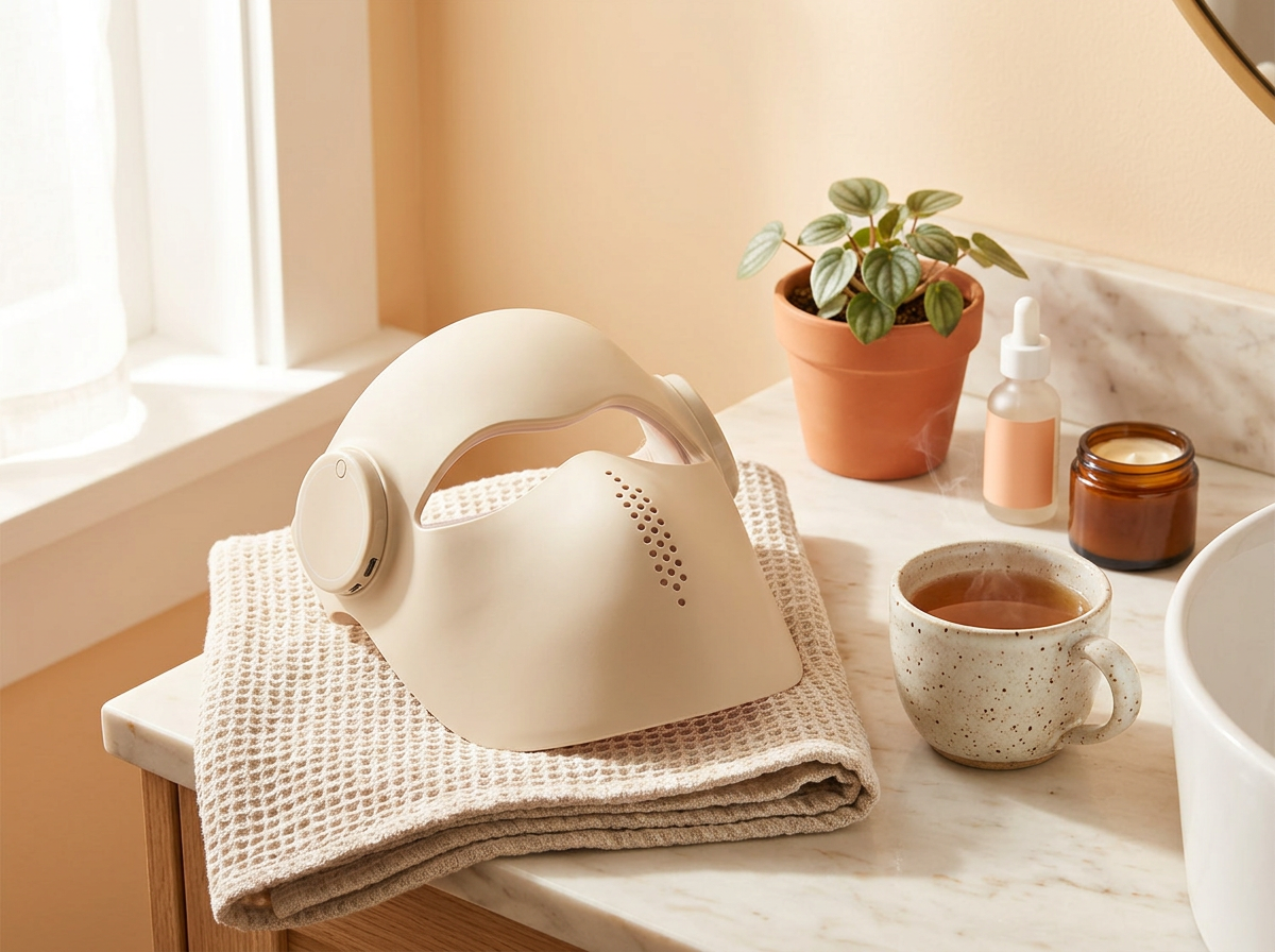AGE REWIND LED mask resting on a towel beside tea and skincare on a bathroom vanity