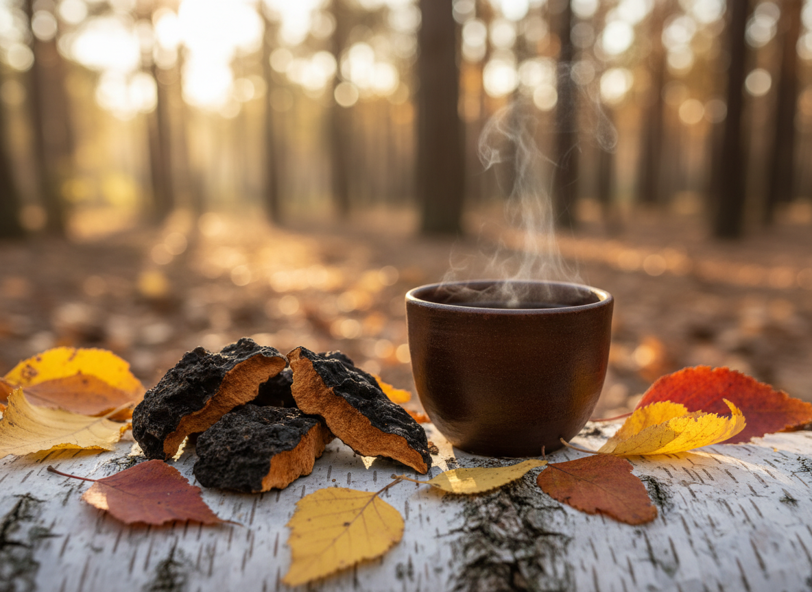 Chaga mushroom chunks on birch bark beside a steaming cup of chaga tea and autumn leaves
