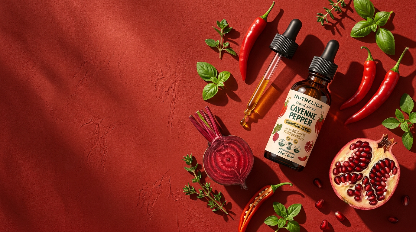 NUTRELICA Cayenne Pepper drops in sunlight with red chili peppers, halved beetroot and pomegranate