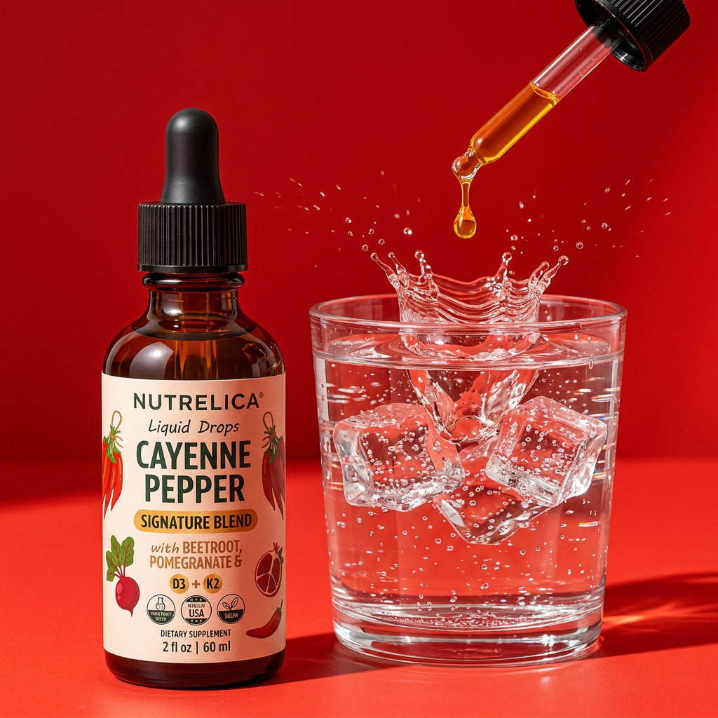 A drop of Cayenne Pepper with Beetroot, Pomegranate, Vitamin D3 & K2 splashing into a glass of sparkling water