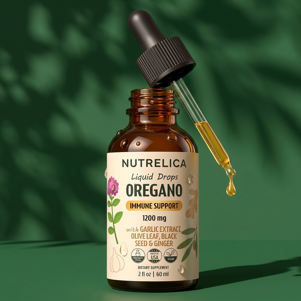 Oregano Oil with Garlic Extract, Olive Leaf, Black Seed Oil & Ginger amber dropper bottle in warm sunlight