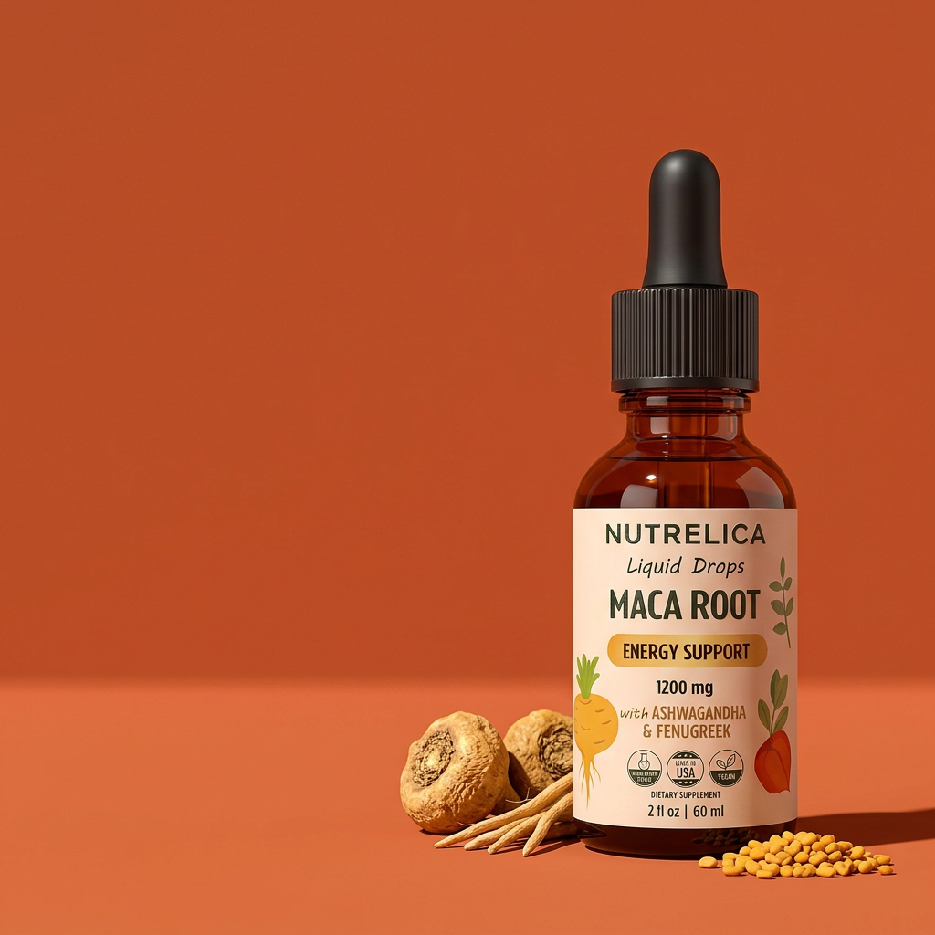 Maca Root with Ashwagandha & Fenugreek bottle with its botanicals — zero sugar, zero alcohol, no pills