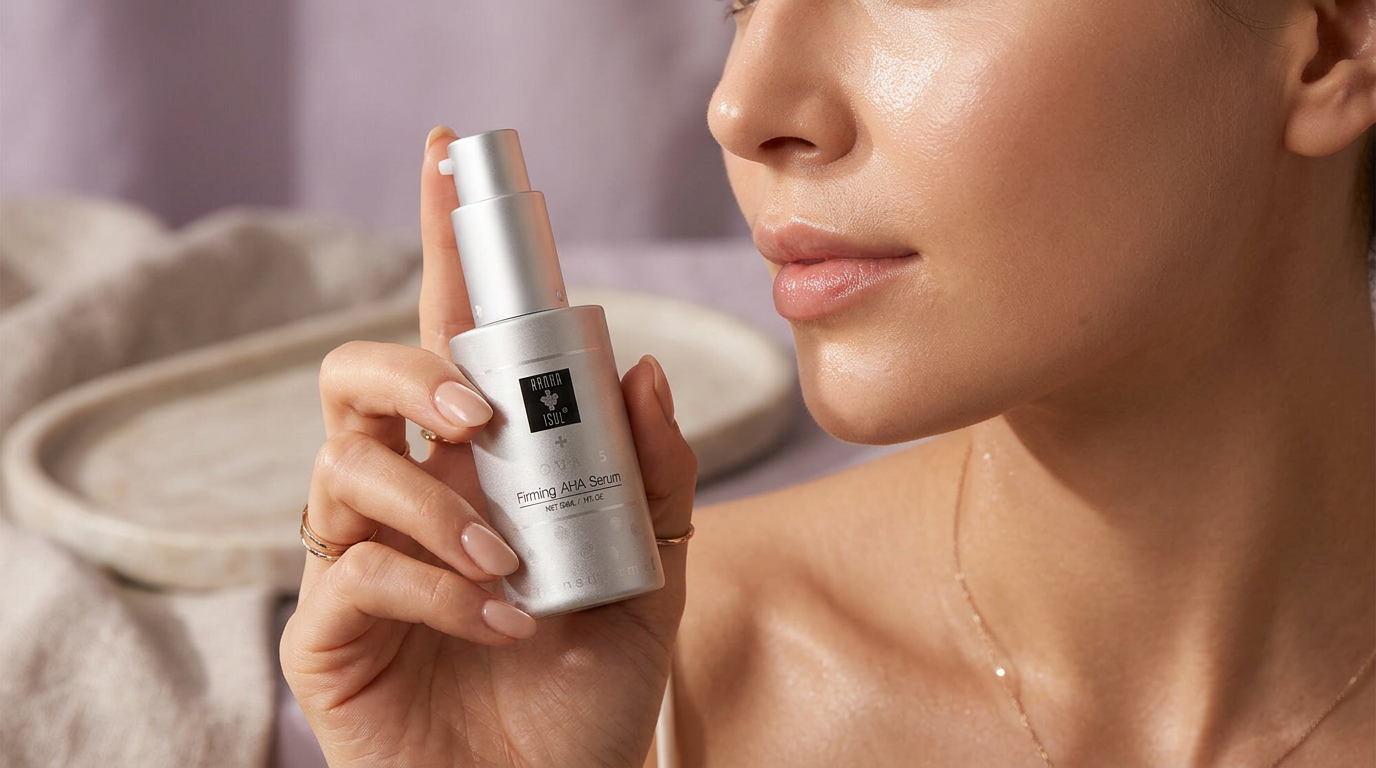 Woman holding a Hanna Isul serum bottle near her glowing skin