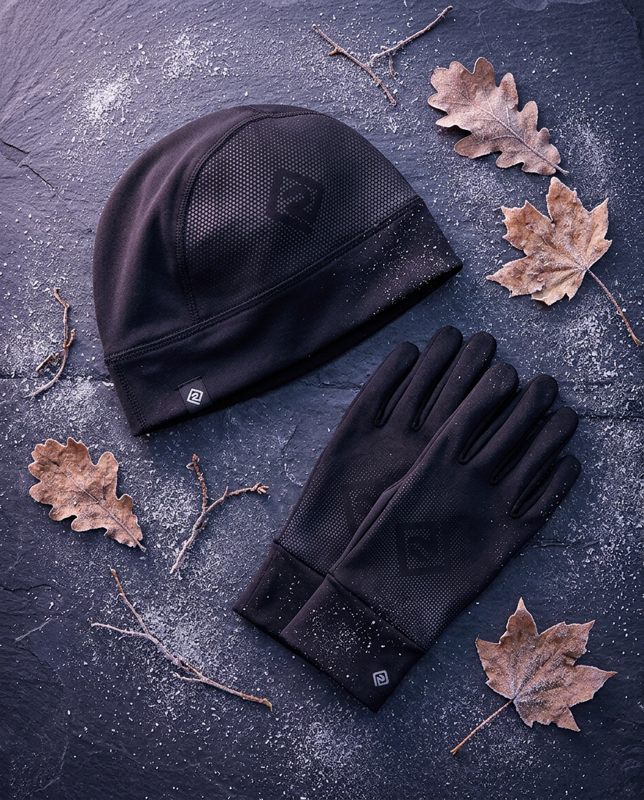 Ronhill black running beanie and gloves on a frosted slate surface