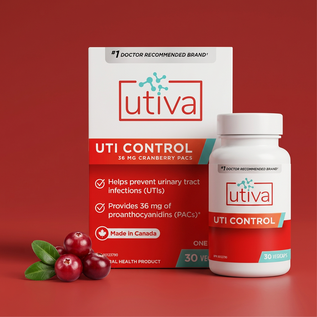 New Utiva UTI Control box and capsule bottle on a red background with fresh cranberries