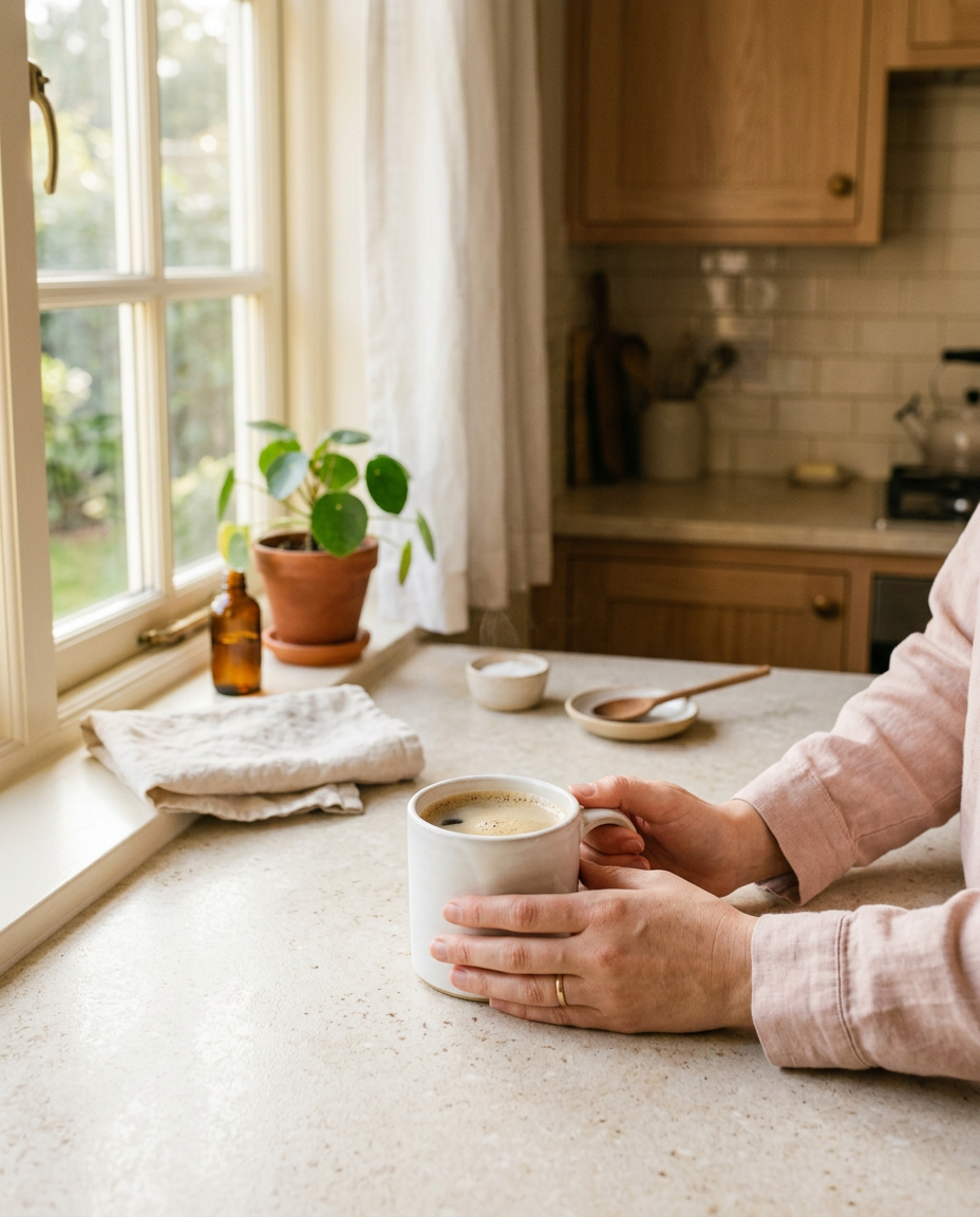 Hands holding a mug of morning coffee