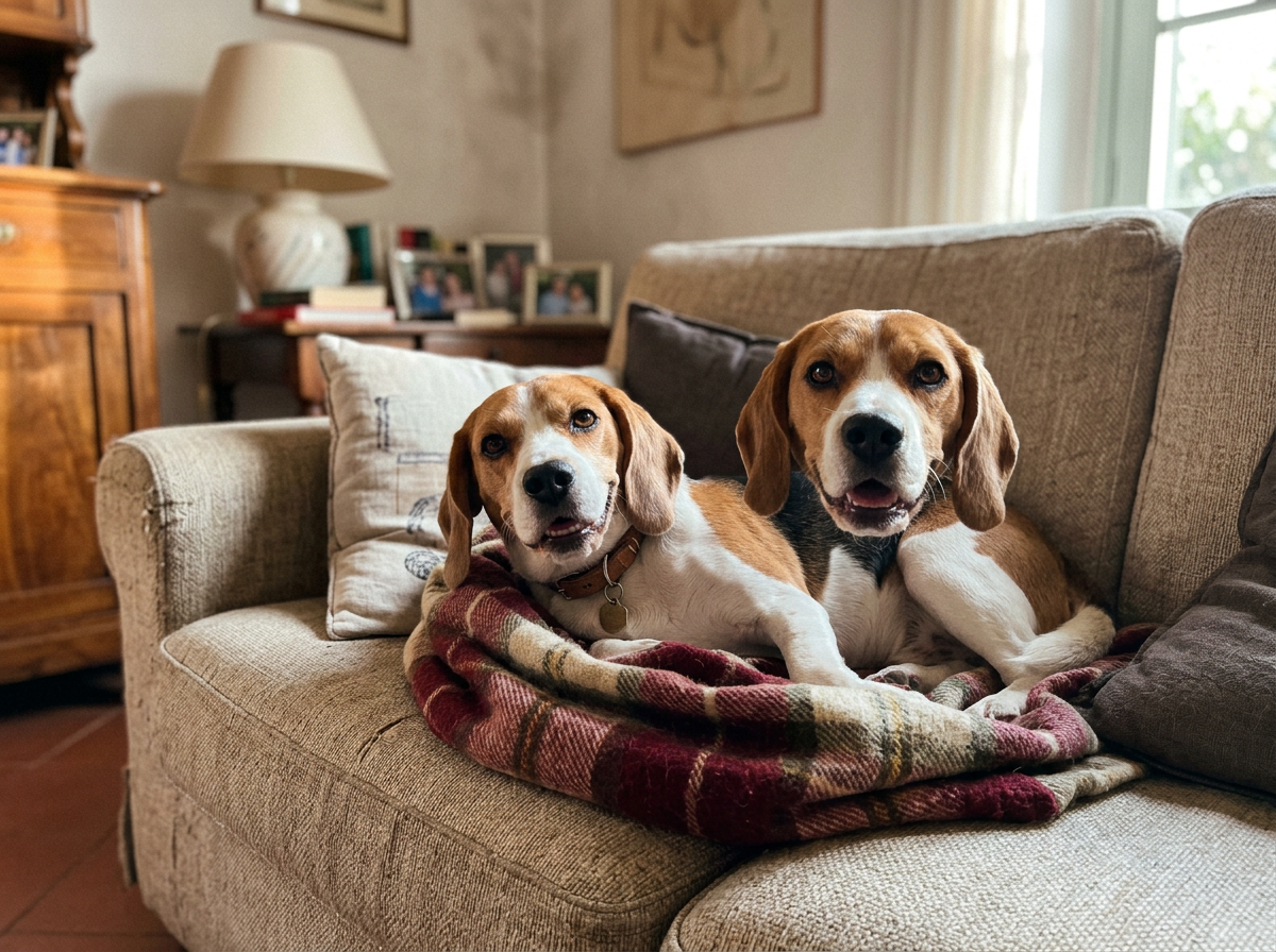 Il beagle di Marco sdraiato sul divano che guarda in camera