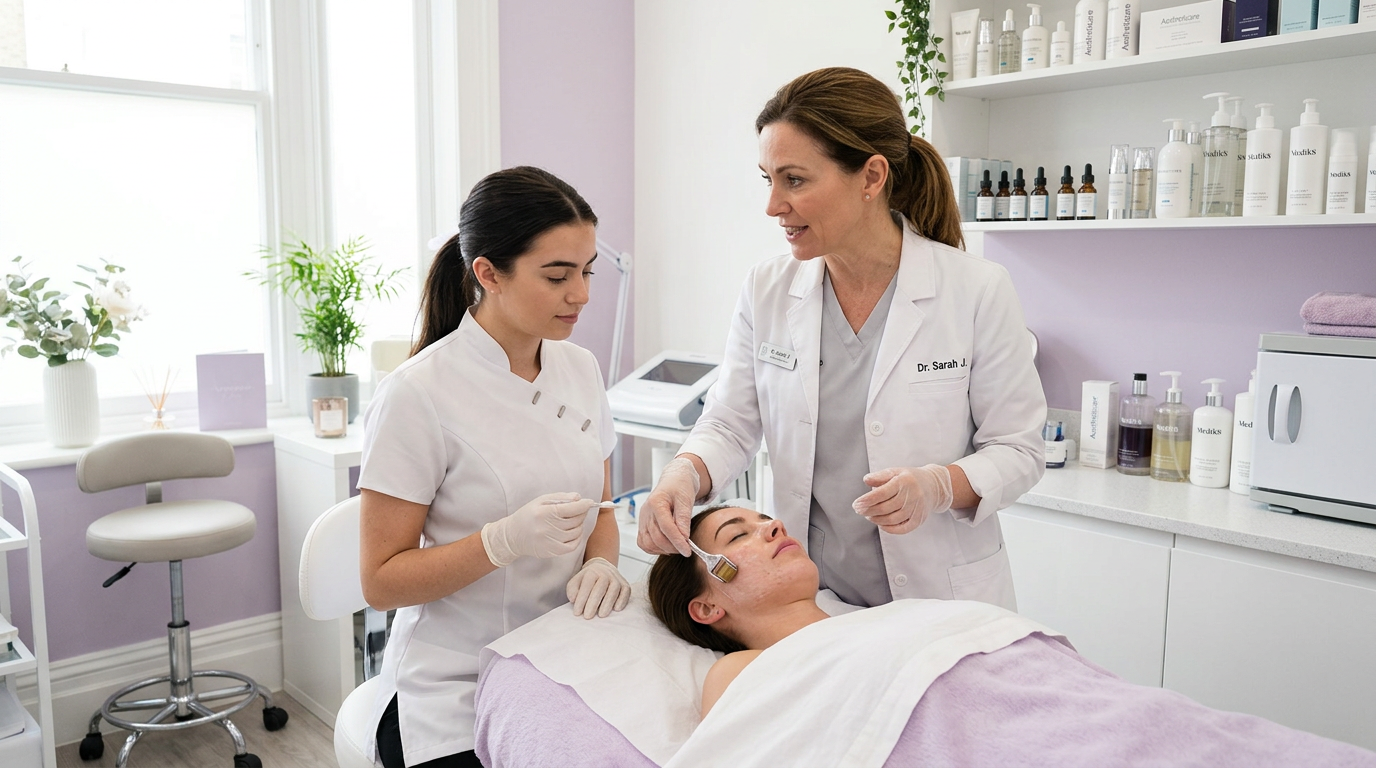 Skincare clinician training a colleague in a modern clinic