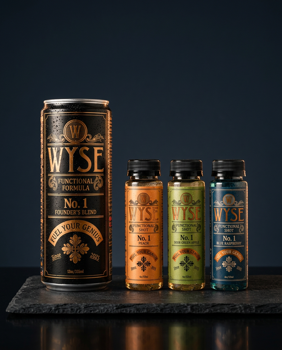 A Wyse 12 oz can beside three Wyse 4 oz shots in peach, sour green apple and blue raspberry