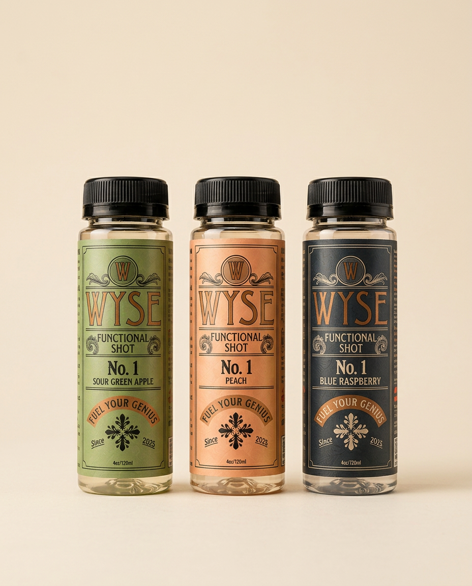 Three Wyse 4 oz shots on a cream backdrop