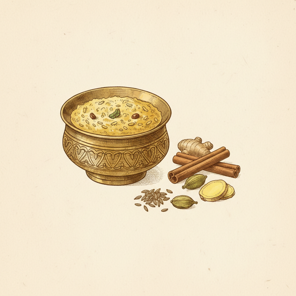 Engraving of a brass bowl of kitchari with cumin, cinnamon, cardamom and ginger
