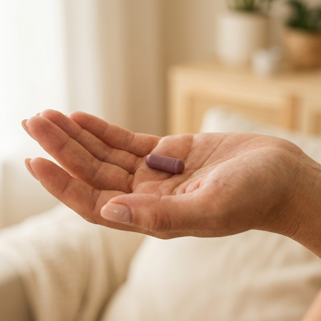 Open palm holding a single small UTI Control capsule