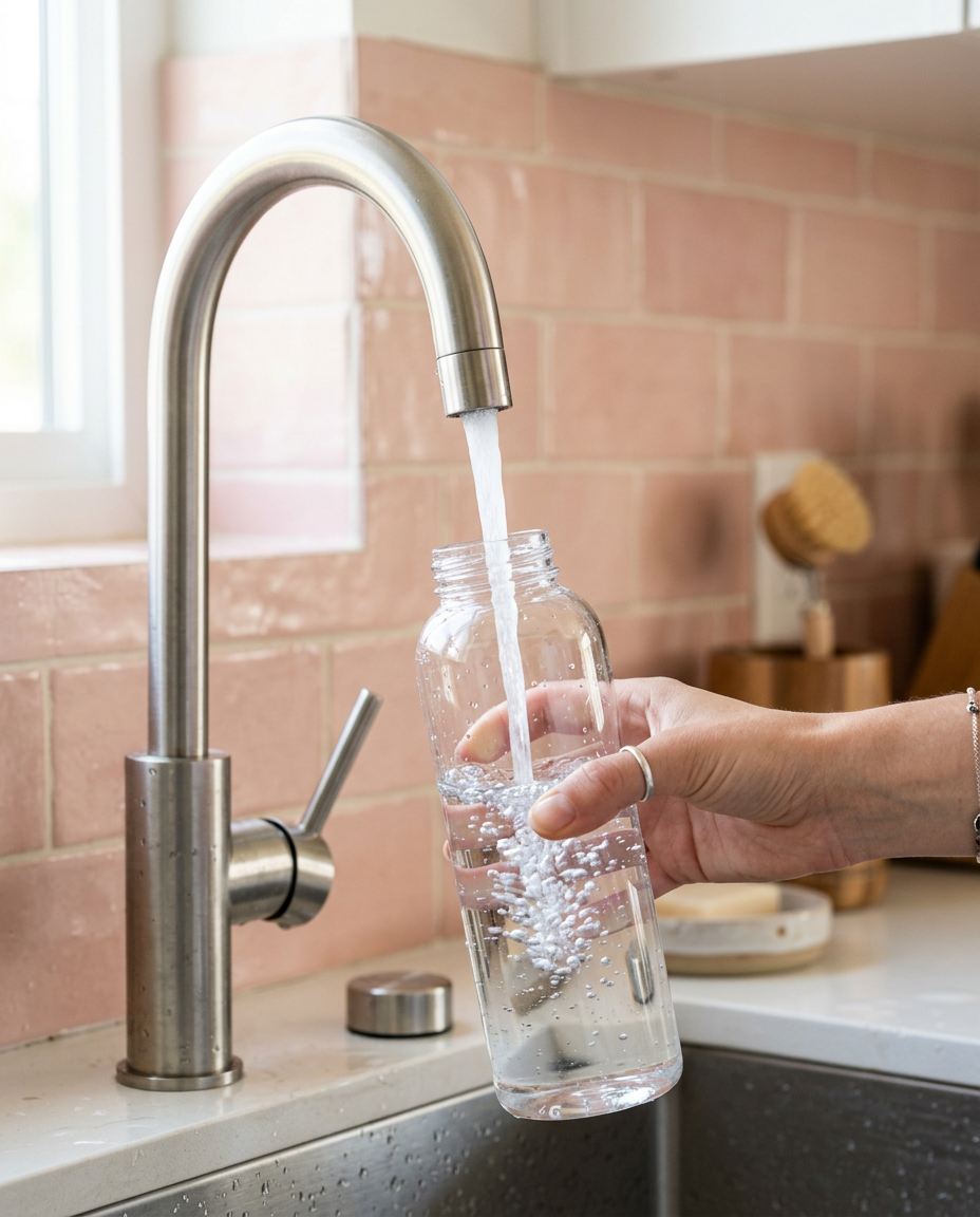 Filling a reusable water bottle with cold water