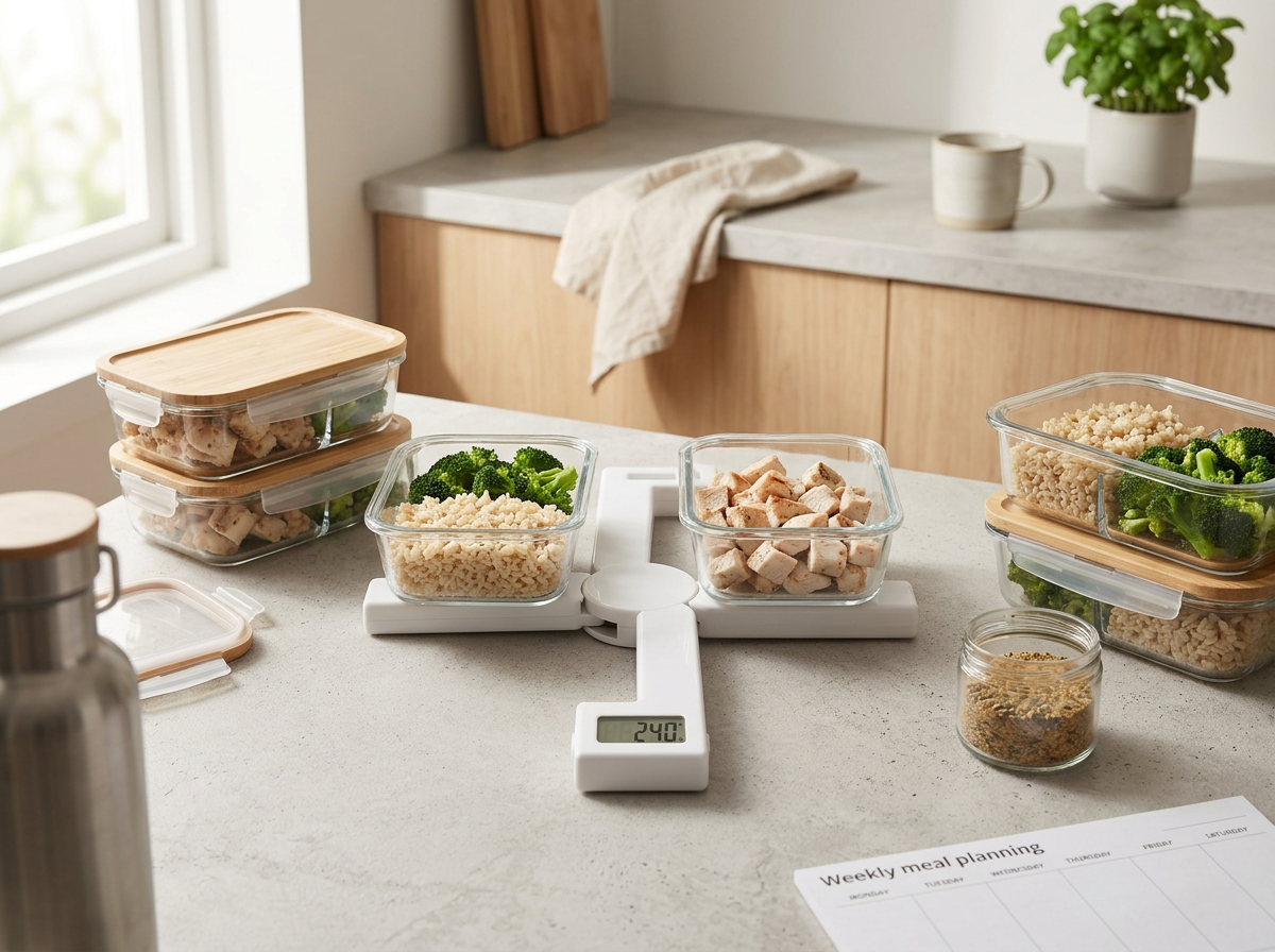 Balance PocketChef blanche sur un plan de travail avec des boîtes de meal prep