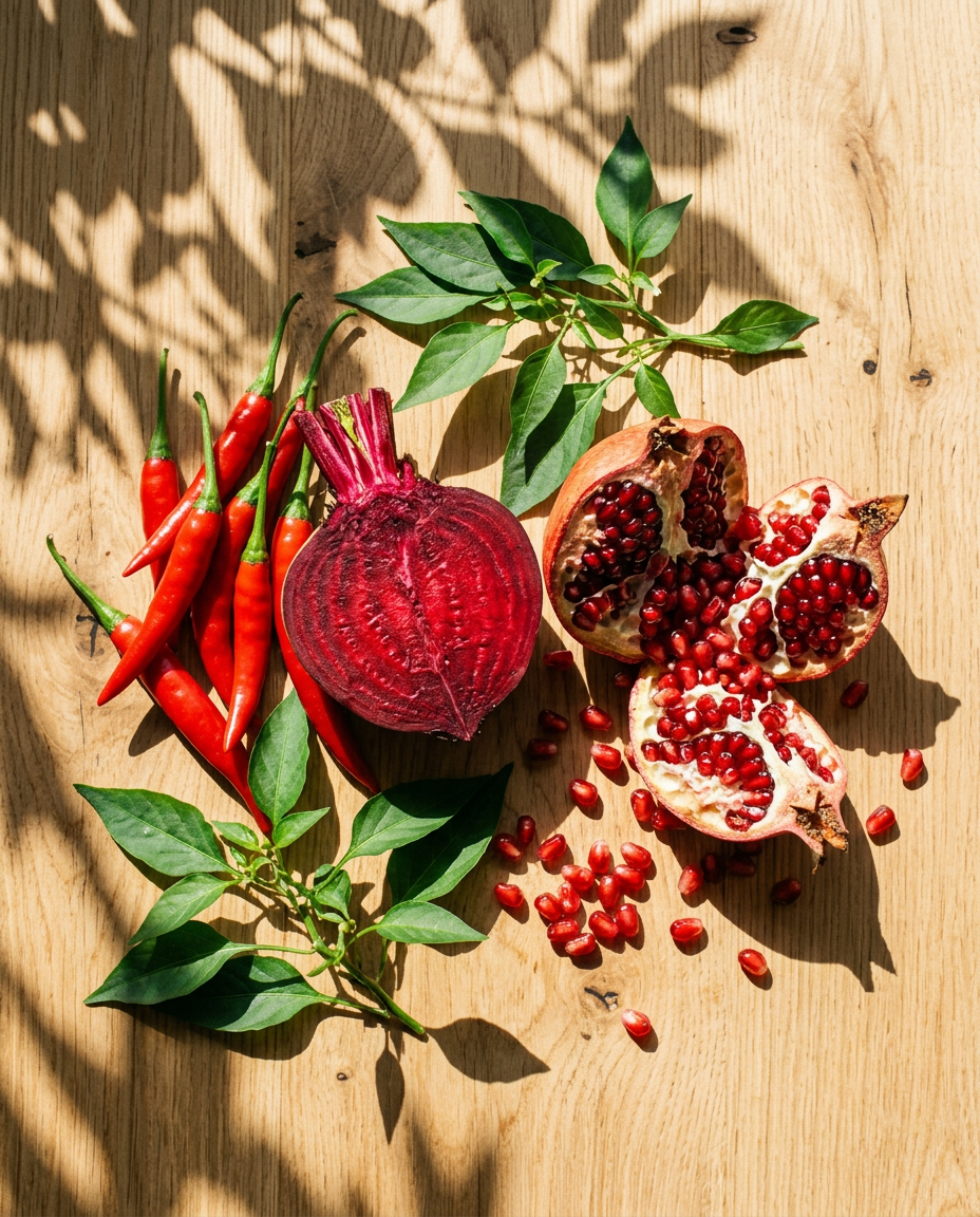 The whole botanicals inside Cayenne Pepper on a sunlit oak table