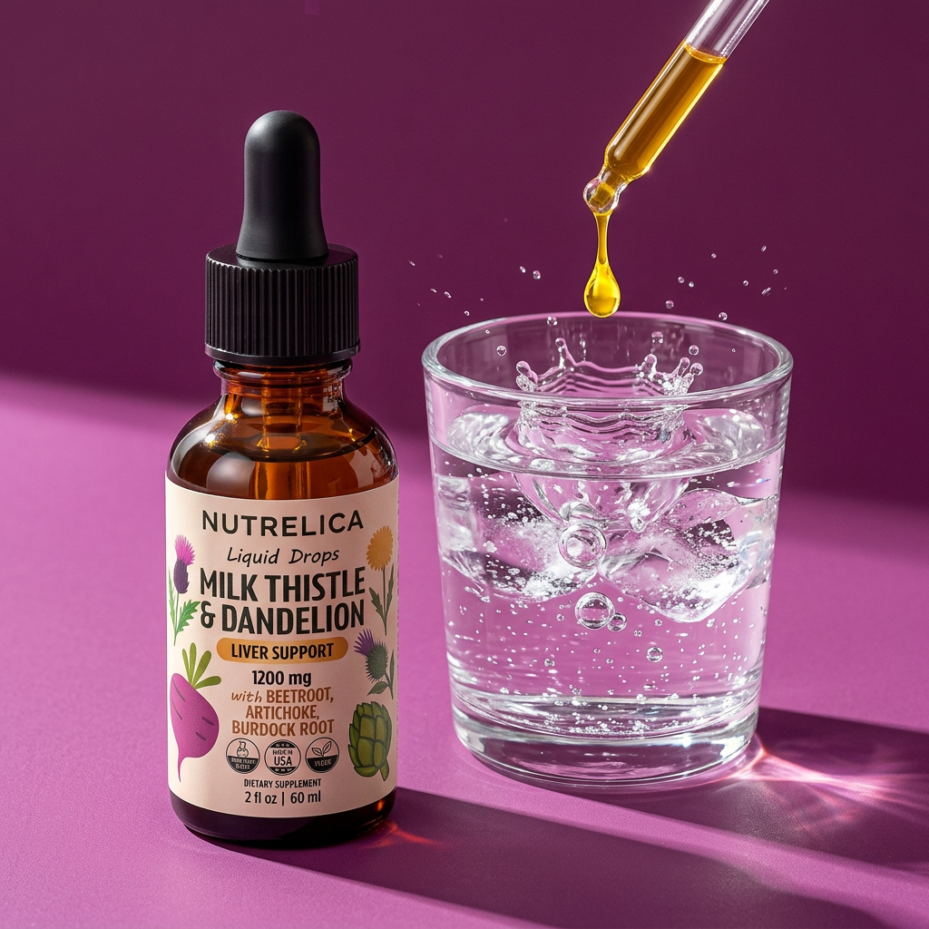 A drop of Milk Thistle & Dandelion with Beet Root, Artichoke & Burdock splashing into a glass of sparkling water