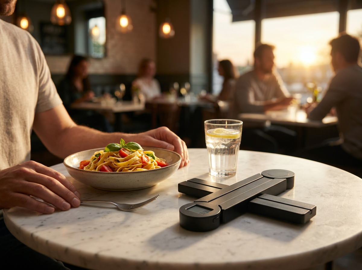 Balance PocketChef dépliée sur une table de bistrot à côté d'un bol de pâtes