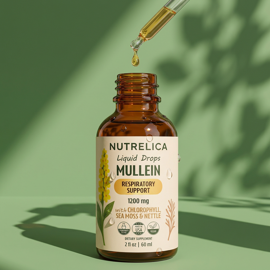 Mullein with Chlorophyll, Sea Moss & Nettle amber dropper bottle in warm sunlight