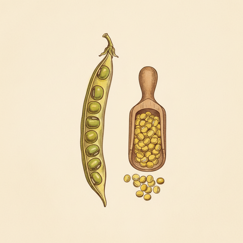 Botanical engraving of mung bean pods and a scoop of yellow split mung dal