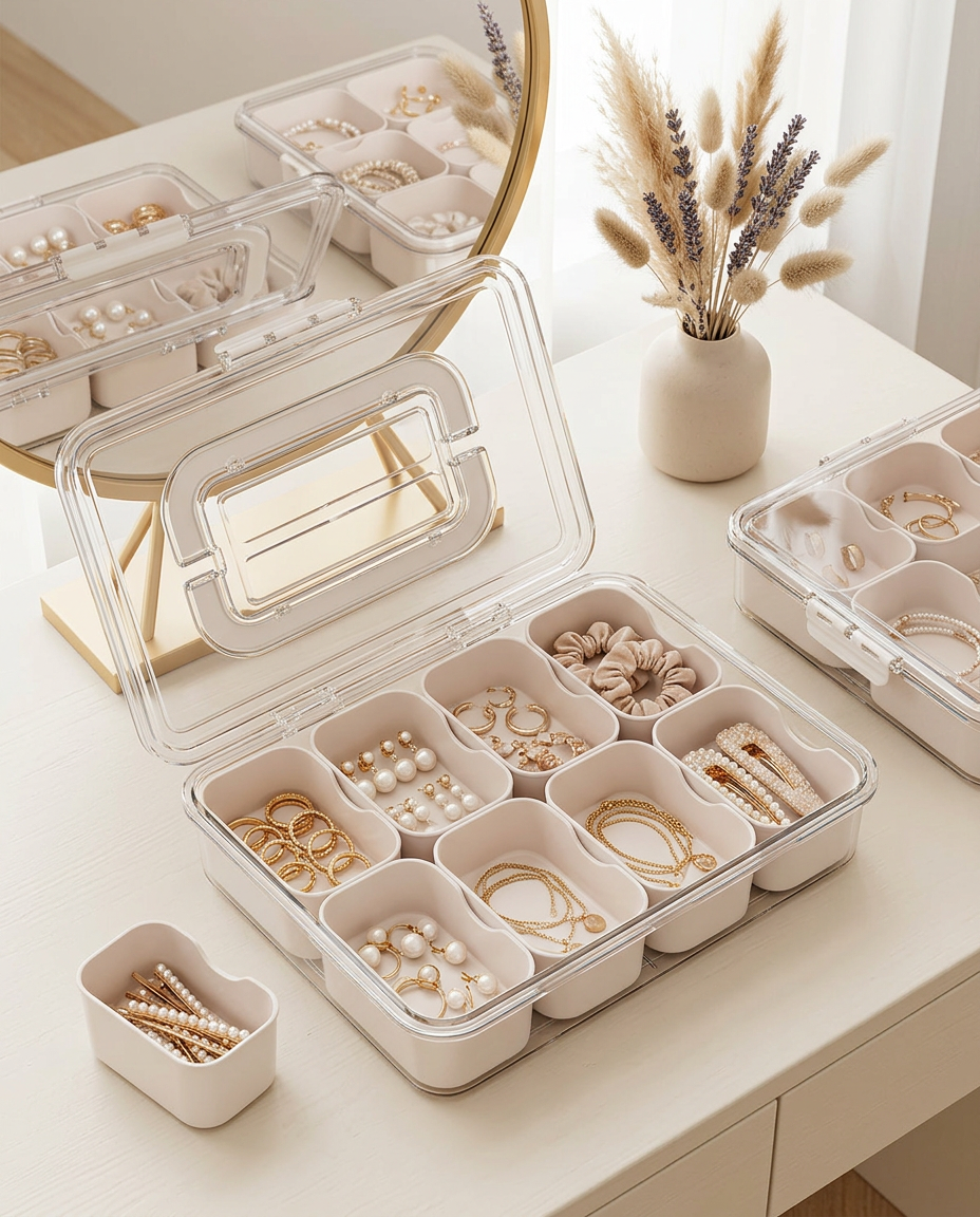 Snack Buddy tray organizing rings, earrings and hair accessories on a vanity
