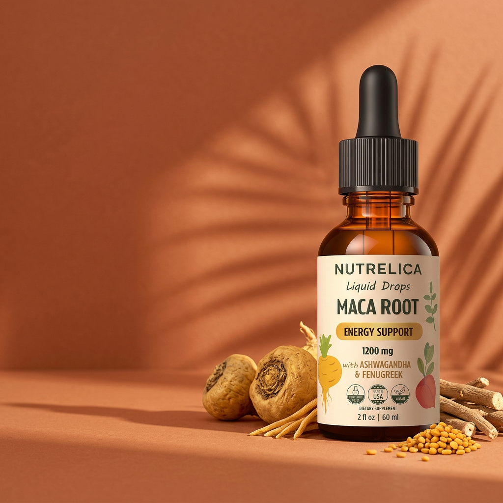 Maca Root with Ashwagandha & Fenugreek bottle on a sunlit backdrop with its botanicals
